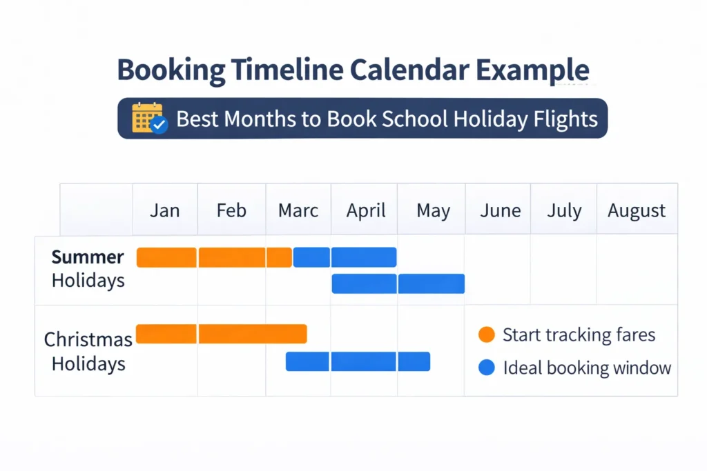 Booking timeline calendar showing best months to book school holiday flights.